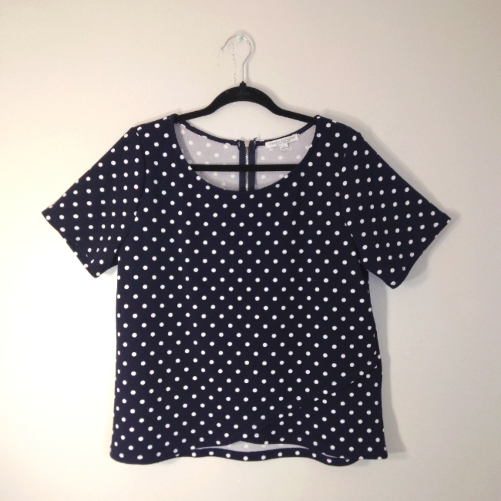 NWOT Green Envelope Los Angeles Navy/White Polka Dot Faux Wrap Top Sz. Large